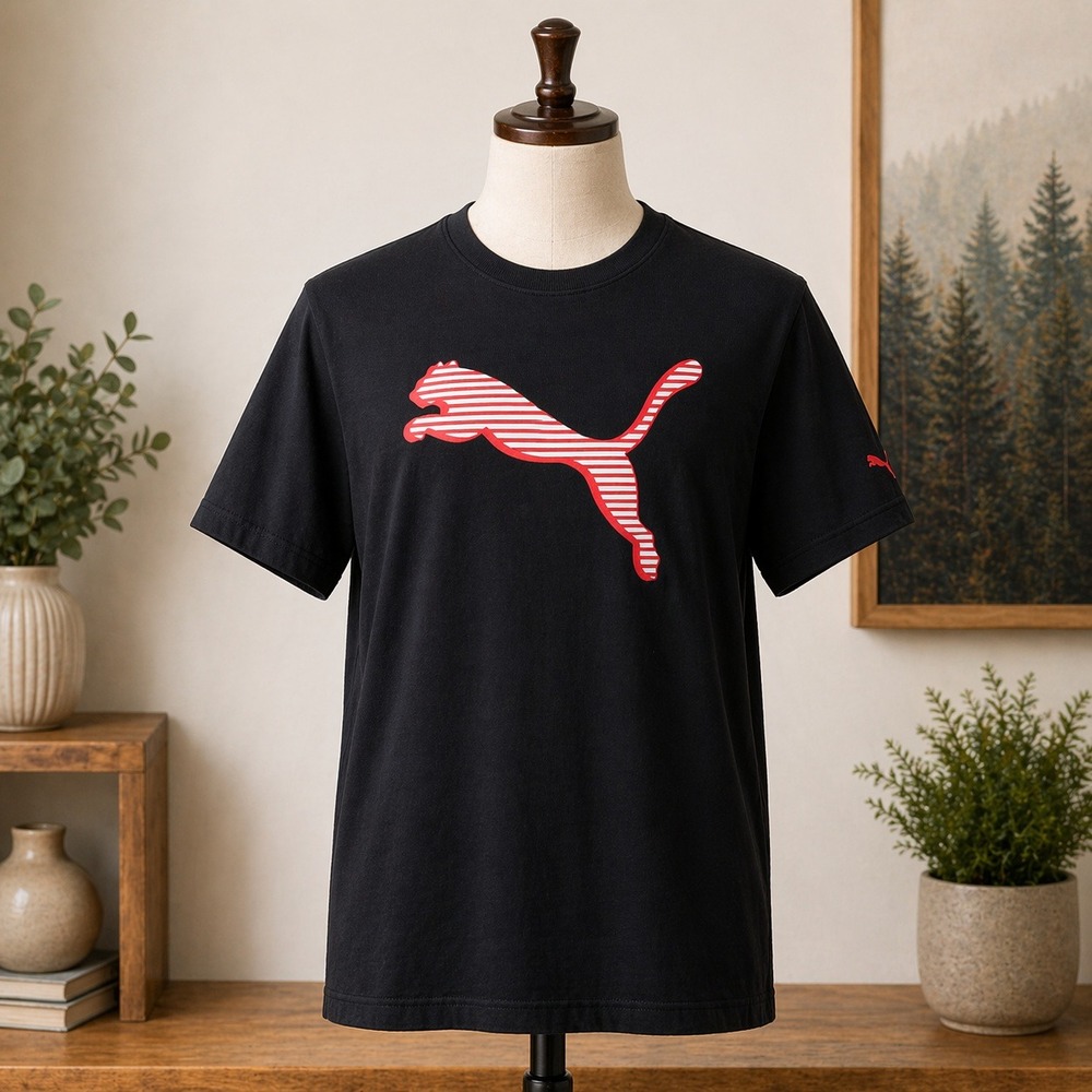 Puma Mens Graphic T-Shirt Black Red White Striped Cat Logo Size Medium